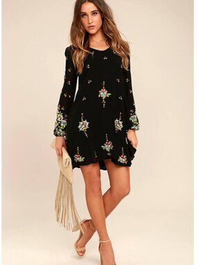 Free People Oxford Black Embroidered Swing Dress M